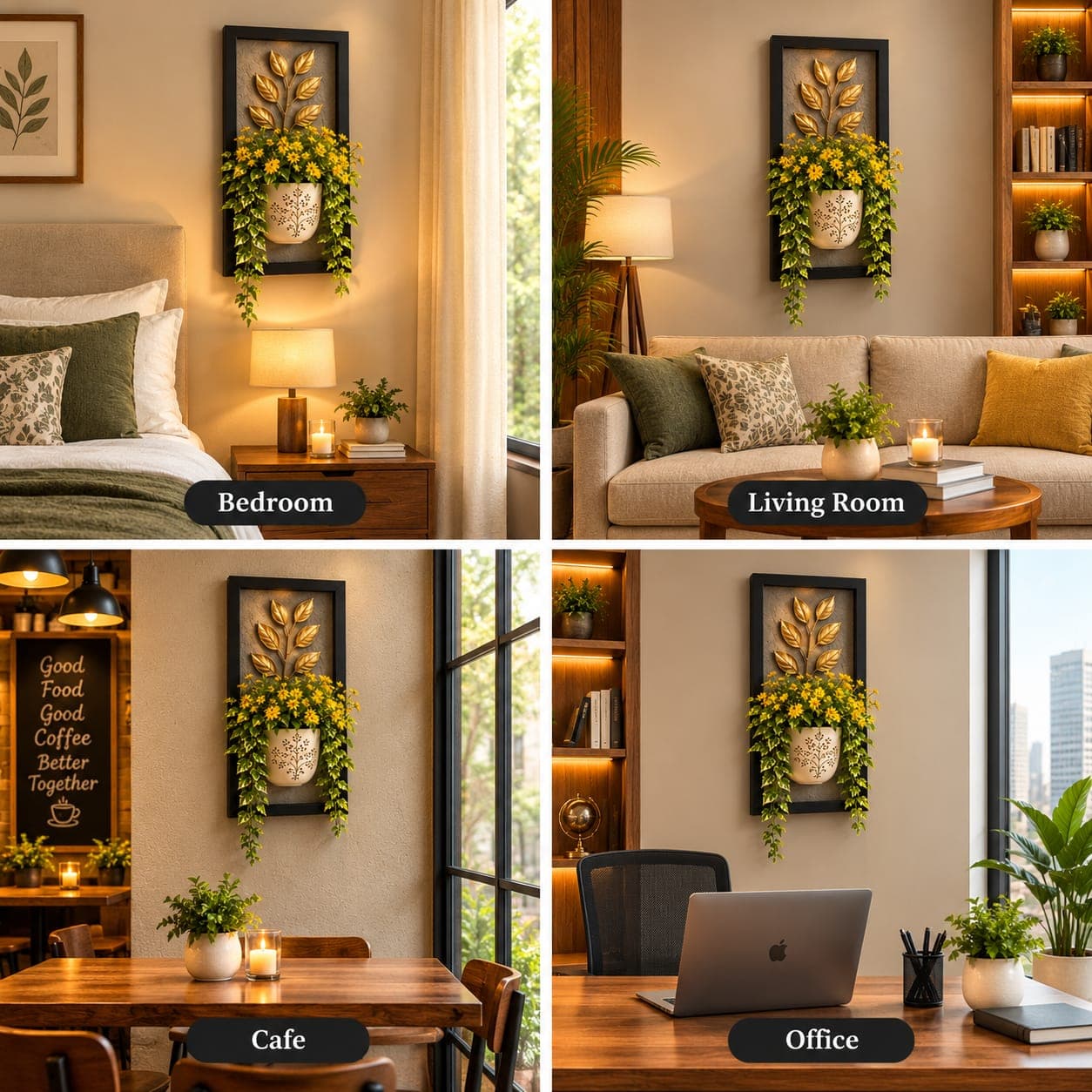 3D Aesthetic Plant Frame - Golden Leaf & Floral Pot - View 1